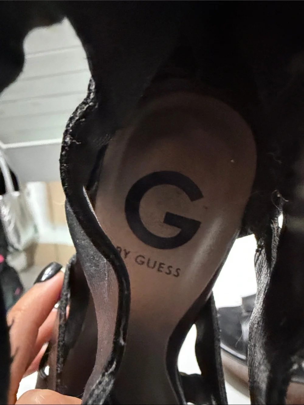Guess Black Leather Strappy Wedge Sandals with Wood-Effect Platform